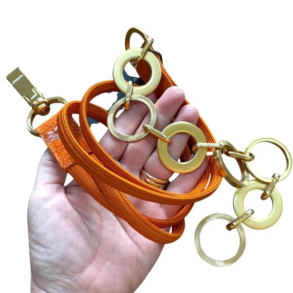 Suzi Roher NWT orange double band stretch belt chunky gold hoops chain Size XL